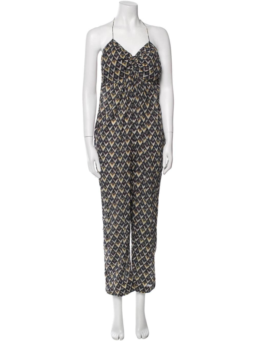 Geometric Print V-Neck Spaghetti-Strap Jumpsuit - Black & Beige
